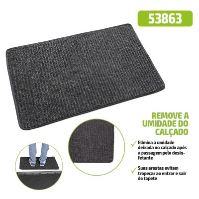 Tapete cinzento escuro para calçado com textura e borda preta, número 53863 e texto explicativo em português