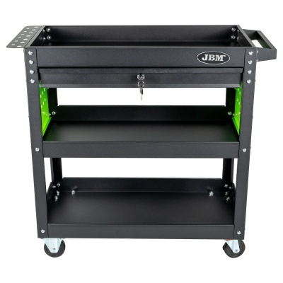 Carrinho de ferramentas em metal preto com gaveta fechada e rodas