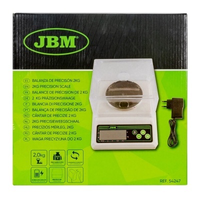 Caixa verde e preta da balança digital JBM 2kg com imagem do produto e texto multilingue
