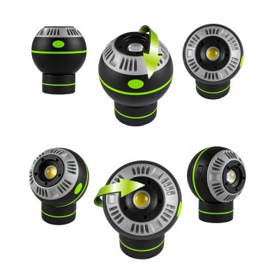 Lanterna portátil preta e cinza com detalhes em verde em vários ângulos.