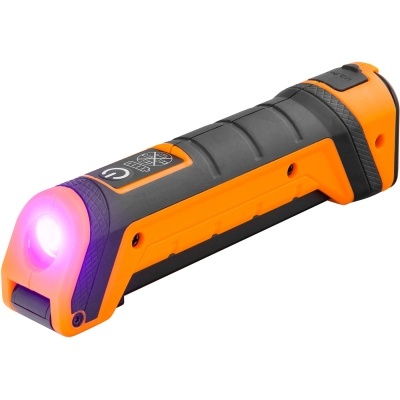 Lanterna portátil laranja e preta com luz branca