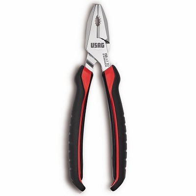 Alicate de ponta metálico com punhos preto e vermelho, texto USAG visível