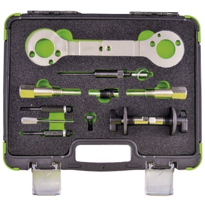 Conjunto de ferramentas específicas em estojo preto e verde