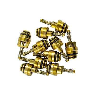 Componentes metálicos dourados com molas e anéis de vedação pretos sobre fundo branco