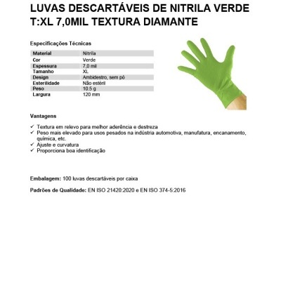 Embalagem de luvas descartáveis de nitrila verdes JBM tamanho XL com textura diamante