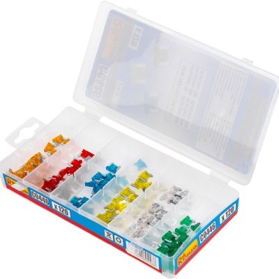 Caixa transparente com conectores elétricos coloridos organizados em divisórias