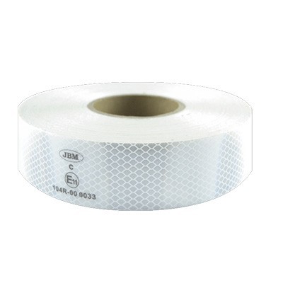 Rolo de fita refletora branca com padrão hexagonal e inscrições