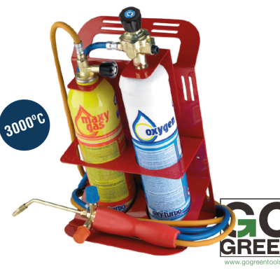 Conjunto de maçarico com botijas de gás e oxigénio num suporte vermelho