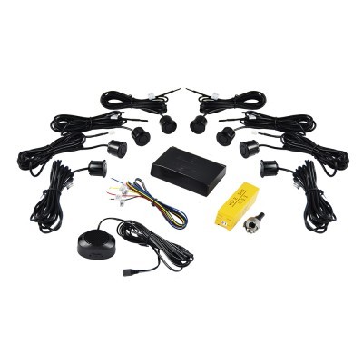 Conjunto de sensores de estacionamento com cabos e unidades em fundo branco.