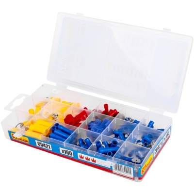 Estojo plástico com terminais elétricos isolados coloridos organizados em compartimentos