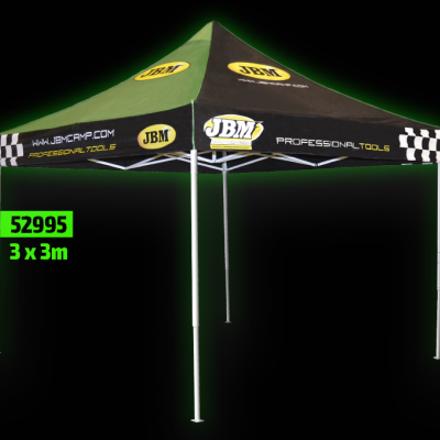 Tenda pavilhão preta e verde com logótipo JBM e texto PROFESSIONAL TOOLS