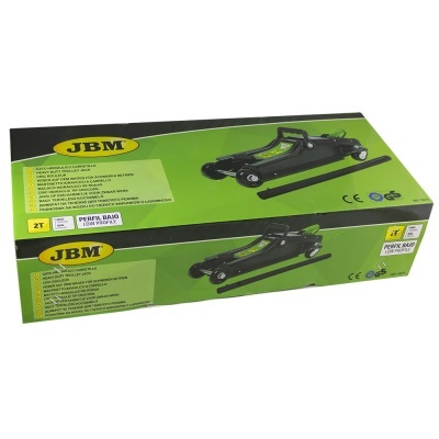 Caixa do macaco hidráulico JBM 2 toneladas com texto técnico e imagem do produto