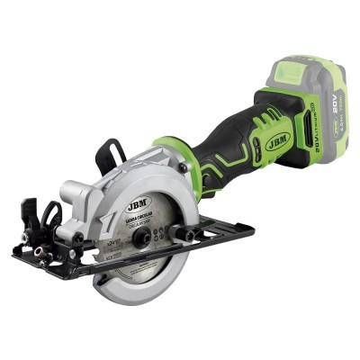 Serra circular a bateria JBM 20V preta e verde com lâmina metálica e empunhadura antiderrapante