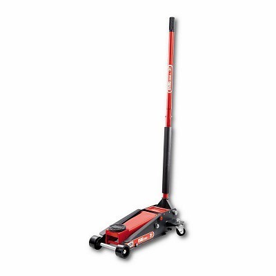 Macaco hidráulico vermelho e preto com alavanca longa