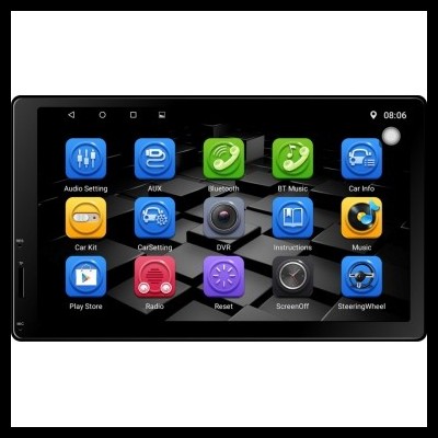 Ecrã digital de entretenimento automóvel com ícones coloridos em fundo preto