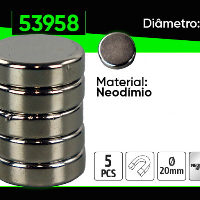 Conjunto de 5 ímanes circulares prateados de neodímio, 20mm de diâmetro, capacidade 5kg, embalagem com texto e marca JBM