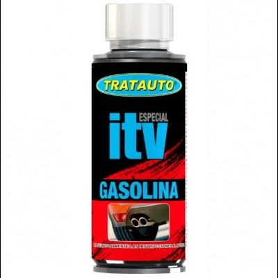 Frasco preto com rótulo TRATAUTO especial ITV gasolina para carros