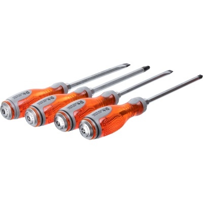 Conjunto de quatro chaves de fendas com cabos laranjas e pontas metálicas