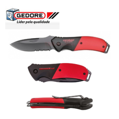 Faca dobrável GEDORE preta e vermelha com lâmina serrilhada e clipe metálico sobre fundo branco