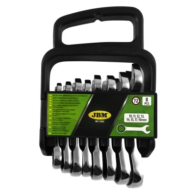 Conjunto 8 chaves boca estrela metal prateado com suporte preto e etiqueta verde JBM