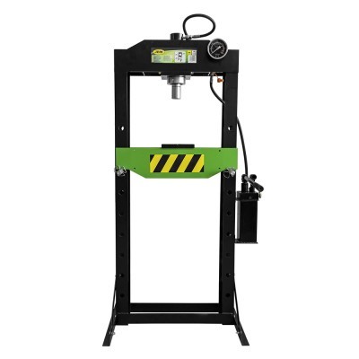 Prensa hidráulica industrial preta e verde com manómetro e reservatório