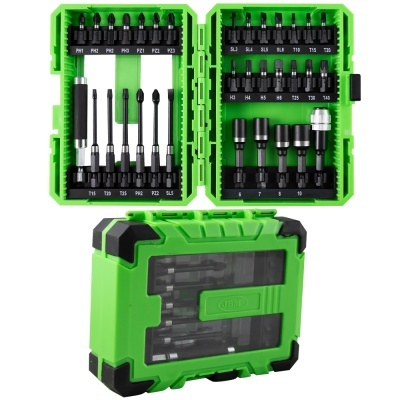 Conjunto de acessórios de ferramentas em caixa verde com compartimentos e bits metálicos