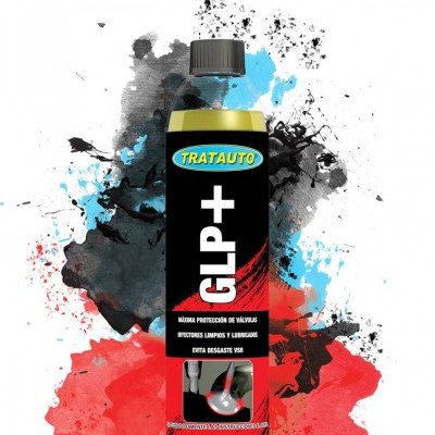 Frasco com rótulo TRATAUTO GLP+ e fundo artístico colorido