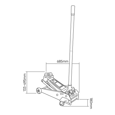 Desenho técnico de macaco hidráulico metálico com alavanca e dimensões
