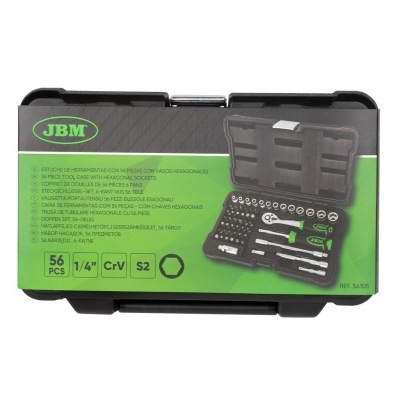 Estojo de ferramentas JBM com 56 peças e soquetes hexagonais em caixa preta com tampa verde