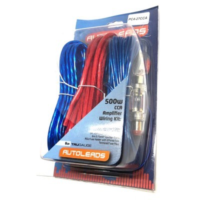 Kit de cabos para amplificador AUTOLEADS com fios azul e vermelho e conector transparente em embalagem plástica