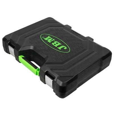 Estojo preto com alça verde e logotipo JBM