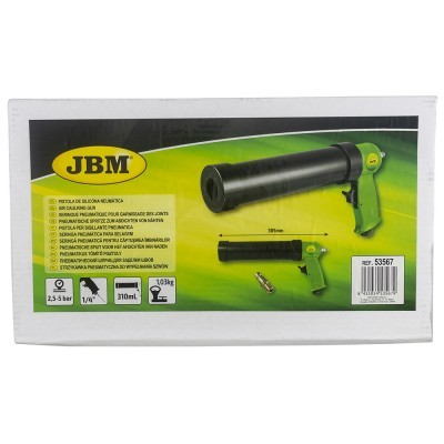 Caixa do produto JBM com pistola de silicone manual verde e preta e informações técnicas