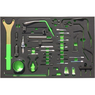 Conjunto de ferramentas variadas num suporte de espuma preta e verde