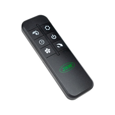 Comando remoto preto com botões brancos e logo verde JBM