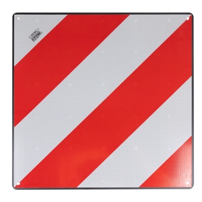 Placa quadrada com listras diagonais vermelhas e brancas refletoras