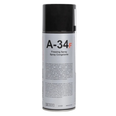 Spray congelante A-34F com rótulo cinzento e tampa preta
