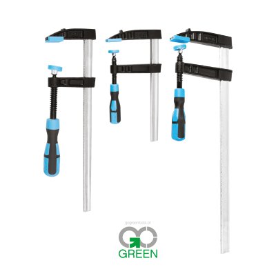 Três grampos de aperto com cabos azuis e pretos em fundo branco com logotipo