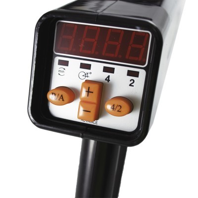 Painel controlo de dispositivo digital preto com botões amarelos e ecrã LED vermelho