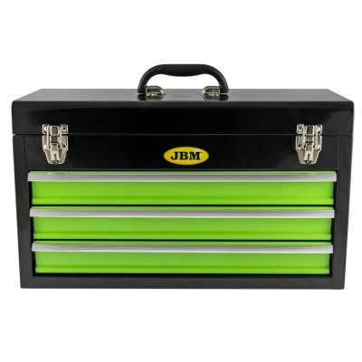 Caixa de ferramentas preta com três gavetas verdes brilhantes e logotipo JBM