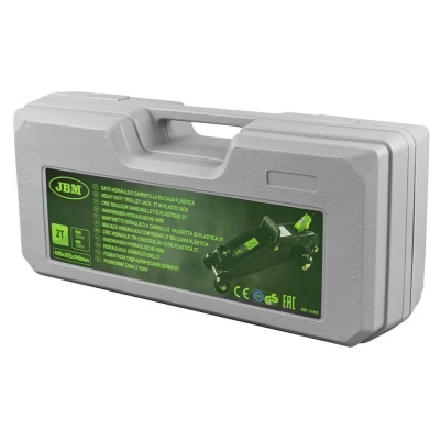 Mala cinzenta de plástico com macaco hidráulico e etiqueta verde