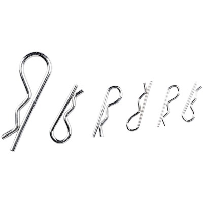 Conjunto de cinco ganchos metálicos cromados de vários tamanhos alinhados