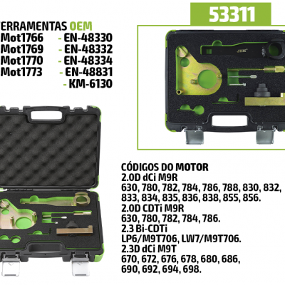 Conjunto de ferramentas OEM em mala preta com fechos metálicos e espuma interna, com texto e códigos de motor ao lado.
