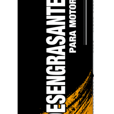 Frasco spray preto e laranja com tampa cinza etiquetado como desengordurante para motor TRATAUTO