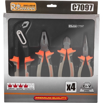 Conjunto de 4 ferramentas manuais com cabos vermelhos e cinzentos em embalagem preta e cinzenta