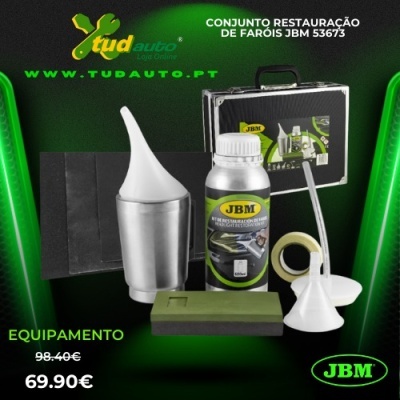 Conjunto de restauração de faróis JBM com frasco metálico, funil branco, fita adesiva e estojo preto