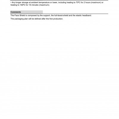 Documento datasheet de produto de embalagem com instruções de armazenamento e comentários