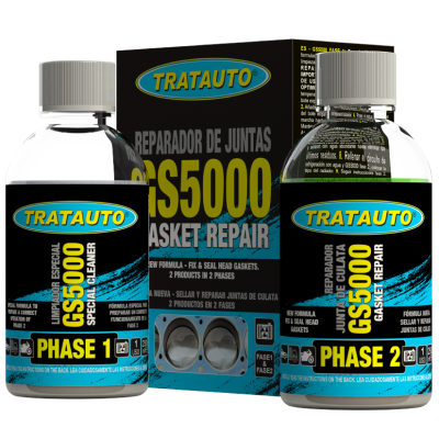 Reparador de juntas TratAuto GS5000 com dois frascos e embalagem de papelão