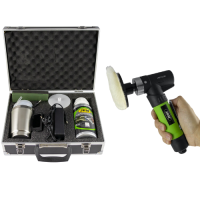 Kit de lavagem automóvel com mala de alumínio e máquina elétrica com escova de microfibra.