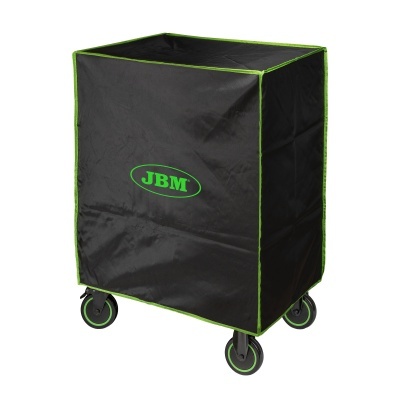 Carrinho preto coberto com logotipo JBM em tecido e rodas