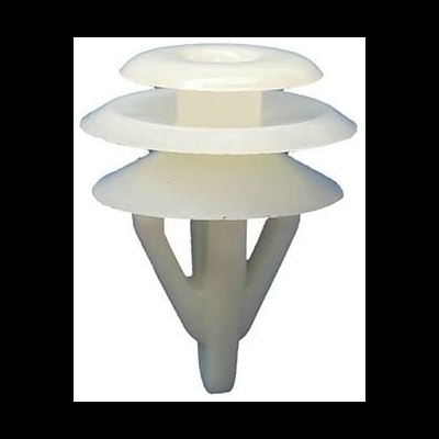 Clipe de fixação em plástico branco com três discos circulares e haste bifurcada